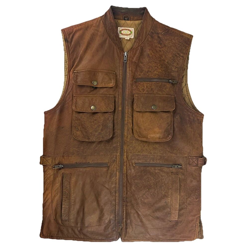 VTG Banana Republic Leather Safari Photo Vest Cotton Quilted Liner Men’s Size S